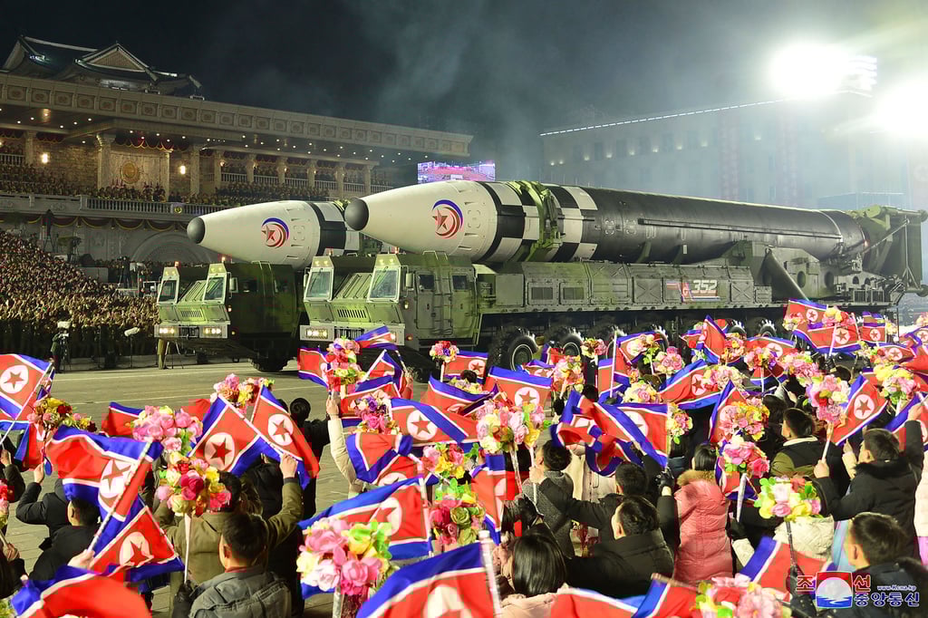 North Korea displays what it said were Hwasong-17 intercontinental ballistic missiles during a military parade in February. Photo: Korean Central News Agency/Korea News Service via AP