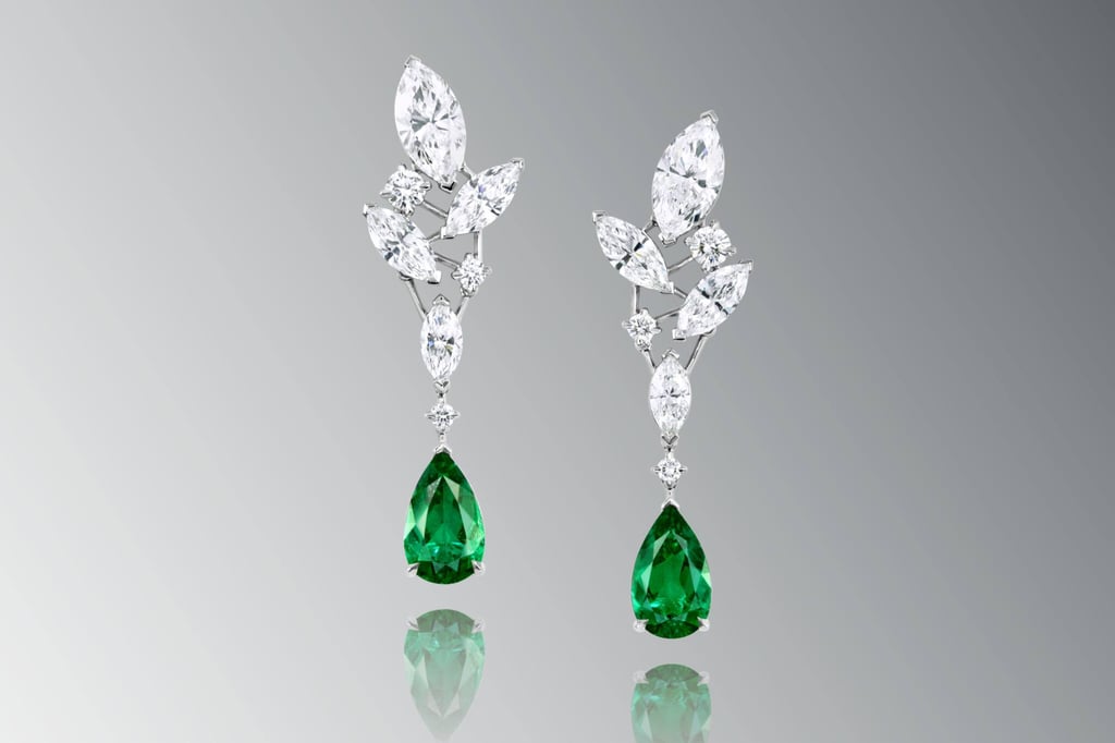 Ronald Abram, emerald and marquise diamond droplet earrings Ronald Abram, emerald and marquise diamond droplet earrings