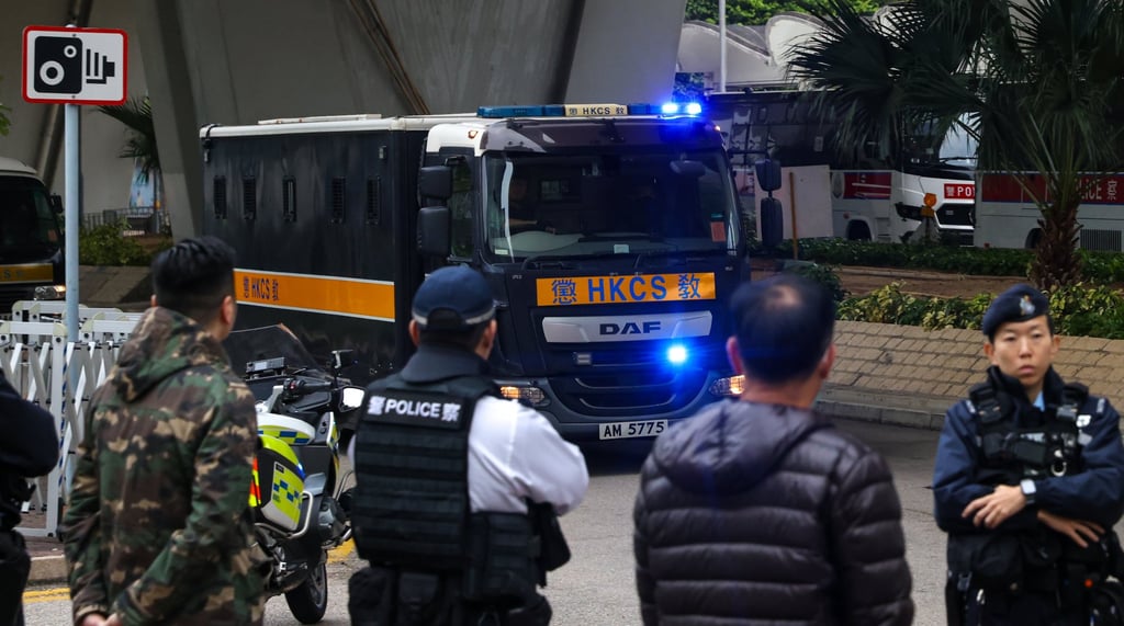 A prison van carrying Jimmy Lai arrives at West Kowloon Court on Tuesday. Photo: Yik Yeung-man A prison van carrying Jimmy Lai arrives at West Kowloon Court on Tuesday. Photo: Yik Yeung-man