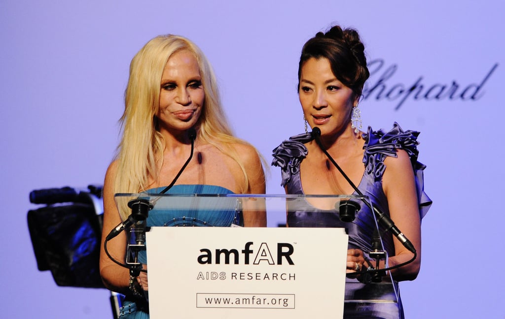Donatella Versace and Michelle Yeoh at the Amfar Cinema Against Aids 2009 dinner during the 62nd Cannes Film Festival in May 2009. Photo: Getty Images Donatella Versace and Michelle Yeoh at the Amfar Cinema Against Aids 2009 dinner during the 62nd Cannes Film Festival in May 2009. Photo: Getty Images