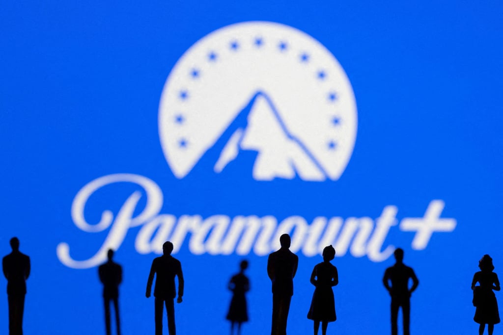 Toy figures are seen in front of a Paramount+ logo. Photo: Reuters