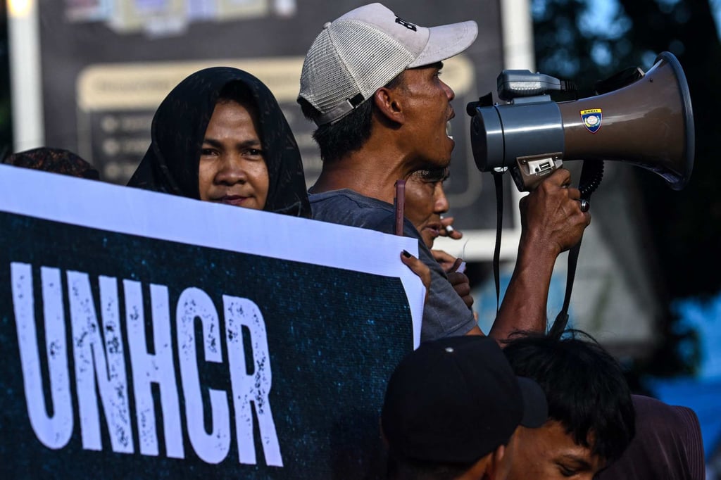 Residents of Sabang in Indonesia’s Aceh province protest on Monday against the arrival of Rohingya refugees and the UNHCR, the UN’s refugee agency. Photo: AFP