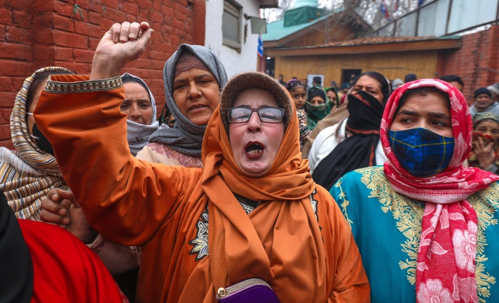 People shout slogans during a protest in Srinagar, the summer capital of Indian Kashmir, on Saturday, against the death of three civilians in Poonch district. Photo: EPA-EFE