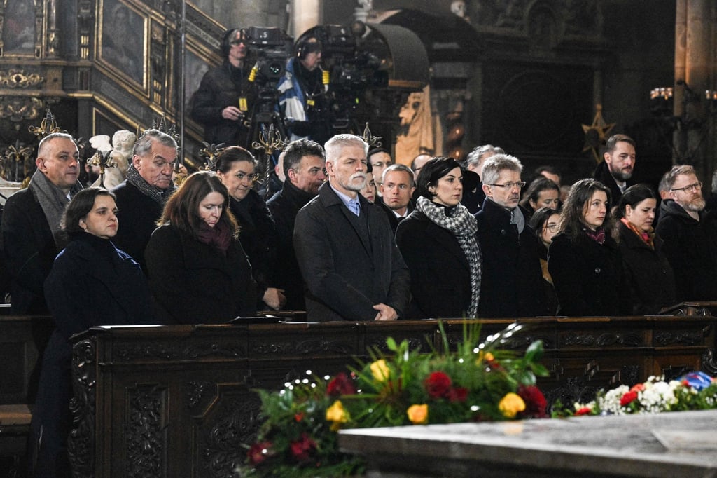 Czech President Petr Pavel (centre) attends a mass commemorating the victims of the Charles University’s shooting, at the St. Vitus Cathedral in Prague, on Saturday, during a national mourning day. Photo: AFP