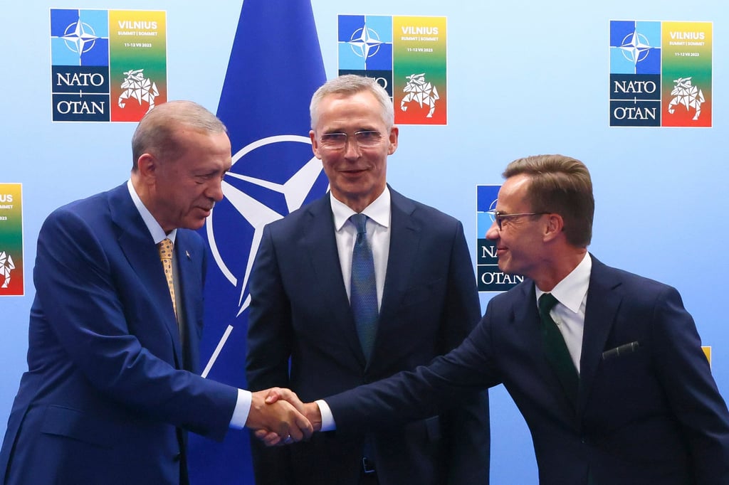 Turkey’s President Recep Tayyip Erdogan, Nato Secretary General Jens Stoltenberg and Sweden’s Prime Minister Ulf Kristersson. File photo: AP