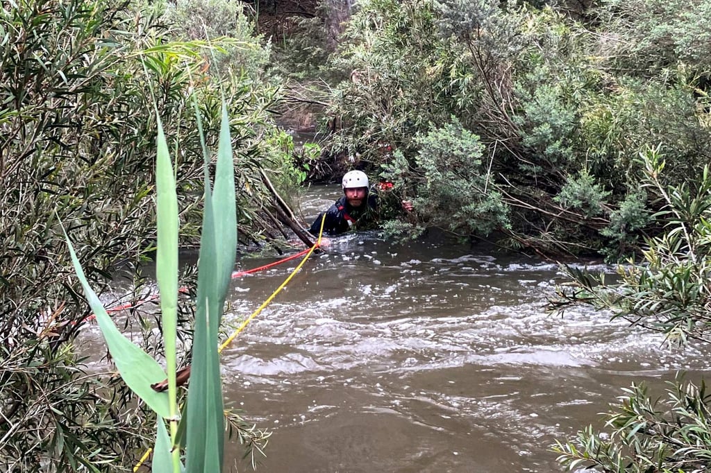 An emergency worker during a rescue operation after heavy rain in east Gippsland, east of Melbourne in the Australian state of Victoria on Tuesday. Photo: Handout / Victoria Police / AFP