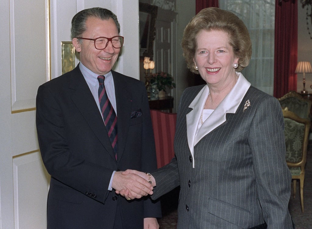Former British prime minister Margaret Thatcher and former European Commission president Jacques Delors in London in 1989. Photo: AFP