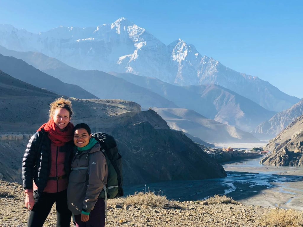 Marine Annic with guide Santoshi Magar from Duluwa Outdoors in Upper Mustang, Nepal. Duluwa Outdoors aims to combat gender bias and bridge the pay gap in Nepal’s tourism industry. Photo: Santoshi Magar