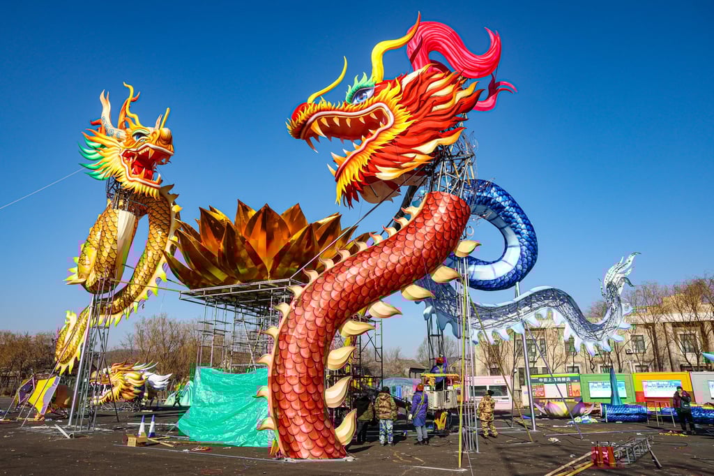 Dragon-shaped lanterns for Lunar New Year lantern fair in December 2023 in Shenyang, China; 2024 is the Year of the Dragon according to the Chinese zodiac. Photo: Getty Images