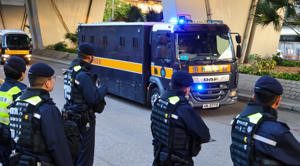 A prison van carrying Jimmy Lai leaves the West Kowloon Law Courts Building. Lai, 76, is facing charges of sedition and conspiracy to collude with foreign forces. Photo: Dickson Lee A prison van carrying Jimmy Lai leaves the West Kowloon Law Courts Building. Lai, 76, is facing charges of sedition and conspiracy to collude with foreign forces. Photo: Dickson Lee