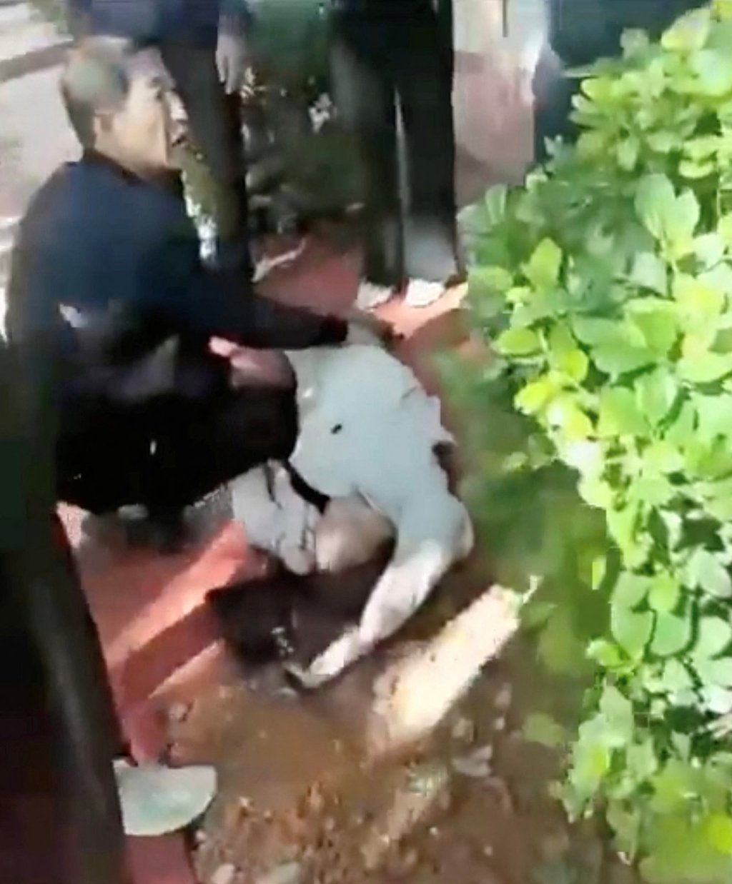 A man tends to a person lying on the ground after stray shellfire hit Nansan on the Myanmar border. Photo: Reuters A man tends to a person lying on the ground after stray shellfire hit Nansan on the Myanmar border. Photo: Reuters