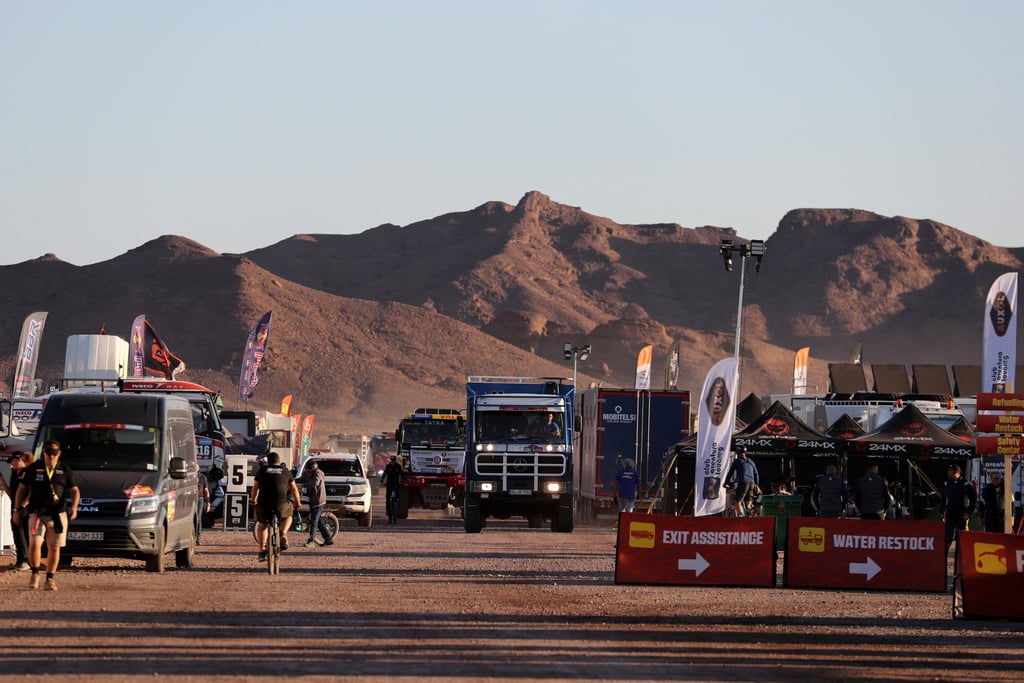 Vehicles assemble at the Dakar camp in Alula ahead of the start of the rally. Photo: Reuters
