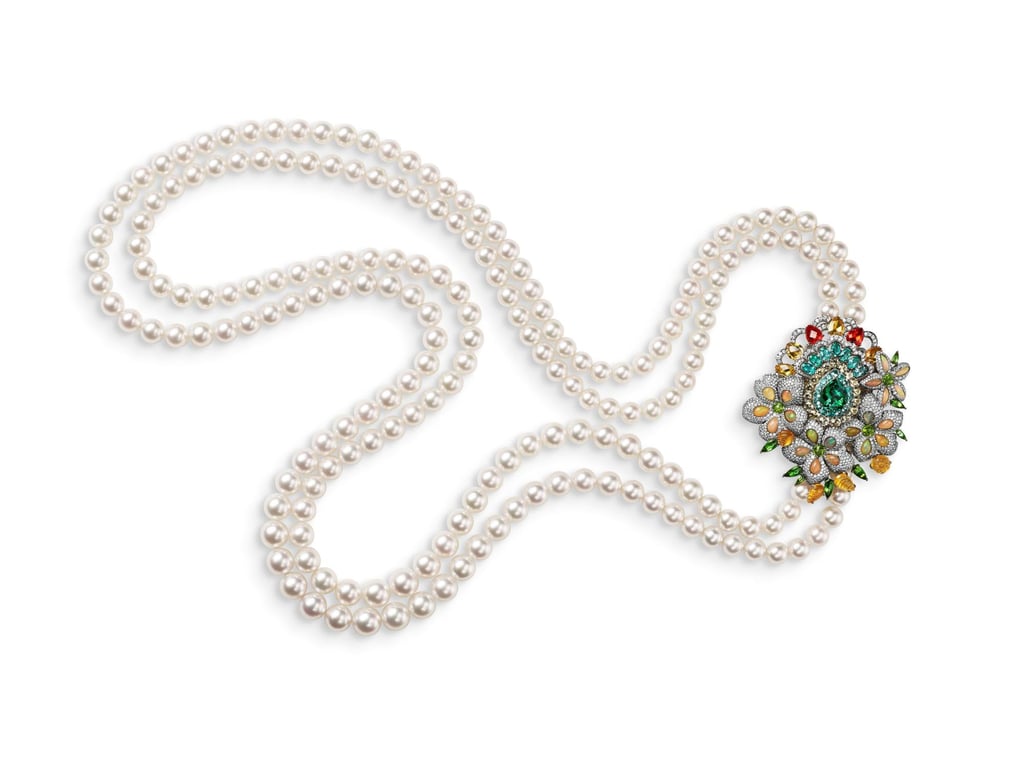 A pearl necklace in ethical 18 carat white gold, set with beryls, opals, peridots, sapphires and tourmalines, from Chopard’s Red Carpet collection