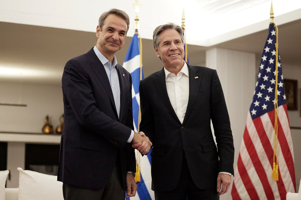 Greek Prime Minister Kyriakos Mitsotakis (left) welcomes US Secretary of State Antony Blinken in Crete on Saturday. Photo: Greek Prime Minister Office via EPA-EFE Greek Prime Minister Kyriakos Mitsotakis (left) welcomes US Secretary of State Antony Blinken in Crete on Saturday. Photo: Greek Prime Minister Office via EPA-EFE