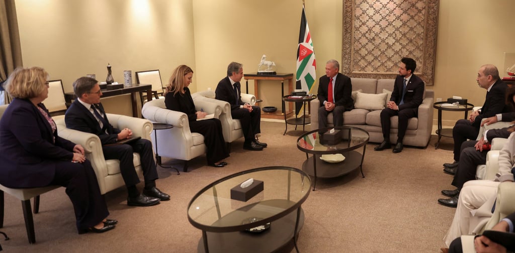 Jordan’s King Abdullah and Crown Prince Hussein meet US Secretary of State Antony Blinken and officials in Amman, Jordan on Sunday. Photo: Royal Hashemite Court / Handout via Reuters Jordan’s King Abdullah and Crown Prince Hussein meet US Secretary of State Antony Blinken and officials in Amman, Jordan on Sunday. Photo: Royal Hashemite Court / Handout via Reuters