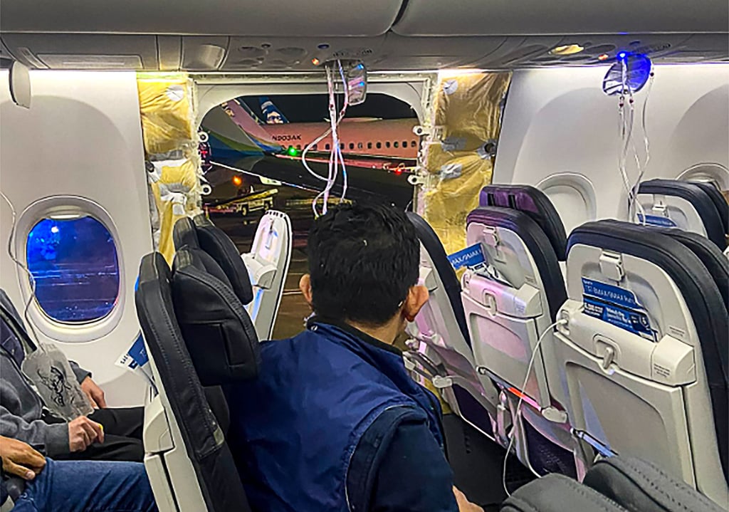 The damaged part of the Alaska Airlines Boeing 737 MAX 9, Flight 1282, which was forced to return to Portland International Airport on Friday. Photo: AP