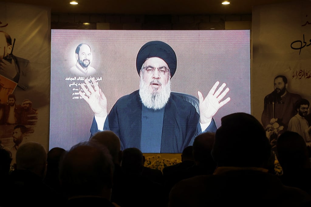 Lebanon’s Hezbollah leader Hassan Nasrallah giving a televised address on January 5. Photo: Reuters