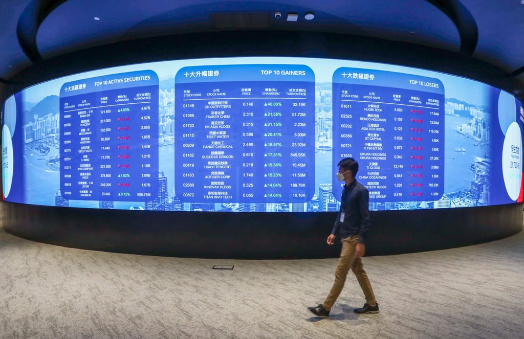 An electronic screen lists stock information at the Hong Kong stock exchange in Exchange Square in Central. Photo: Jonathan Wong An electronic screen lists stock information at the Hong Kong stock exchange in Exchange Square in Central. Photo: Jonathan Wong
