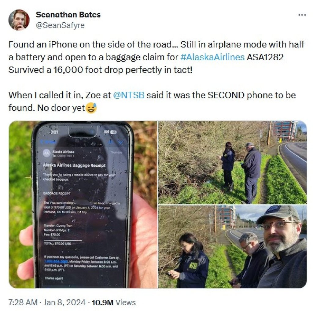 Screenshot of a post indicating an iPhone survived a 4,900-metre drop from an Alaska Airlines flight that lost a fuselage panel. Photo: X/SeanSafyre