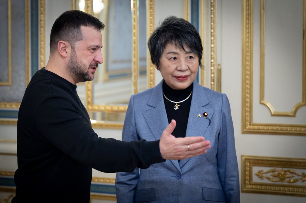 Ukraine’s President Volodymyr Zelensky and Japan’s Foreign Minister Yoko Kamikawa in Kyiv, Ukraine, on Sunday. Photo: Ukrainian Presidential Press Service/Handout via Reuters