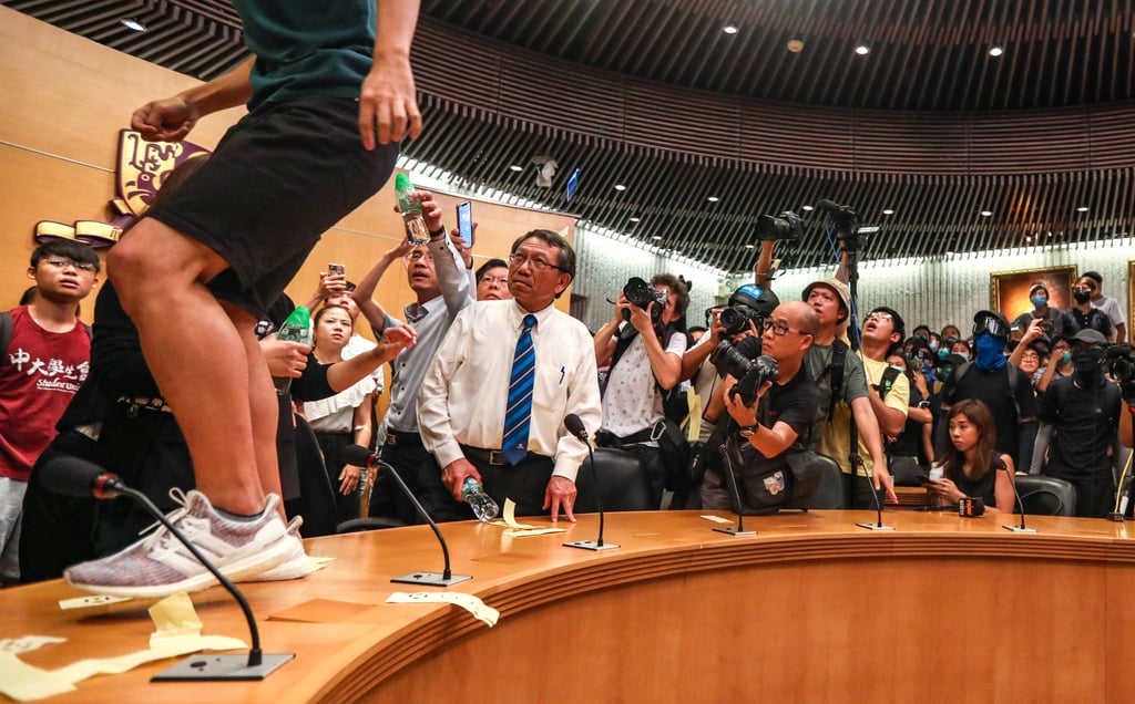 Student protesters at Chinese University in 2019. Rocky Tuan (centre, in white shirt) was accused of being too sympathetic towards the activists. Photo: Xiaomei Chen Student protesters at Chinese University in 2019. Rocky Tuan (centre, in white shirt) was accused of being too sympathetic towards the activists. Photo: Xiaomei Chen