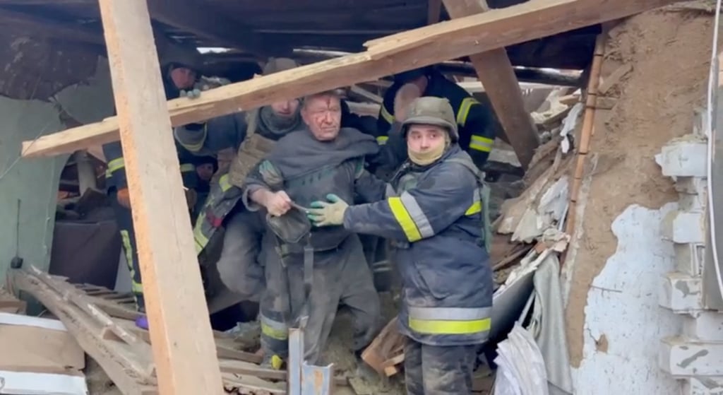 A man is rescued from rubble in the aftermath of a Russian missile strike in a location given as Zmiiv in Kharkiv region, Ukraine on Monday, in this still image obtained from video. Photo: Ihor Klymenko via Telegram / Handout via Reuters A man is rescued from rubble in the aftermath of a Russian missile strike in a location given as Zmiiv in Kharkiv region, Ukraine on Monday, in this still image obtained from video. Photo: Ihor Klymenko via Telegram / Handout via Reuters