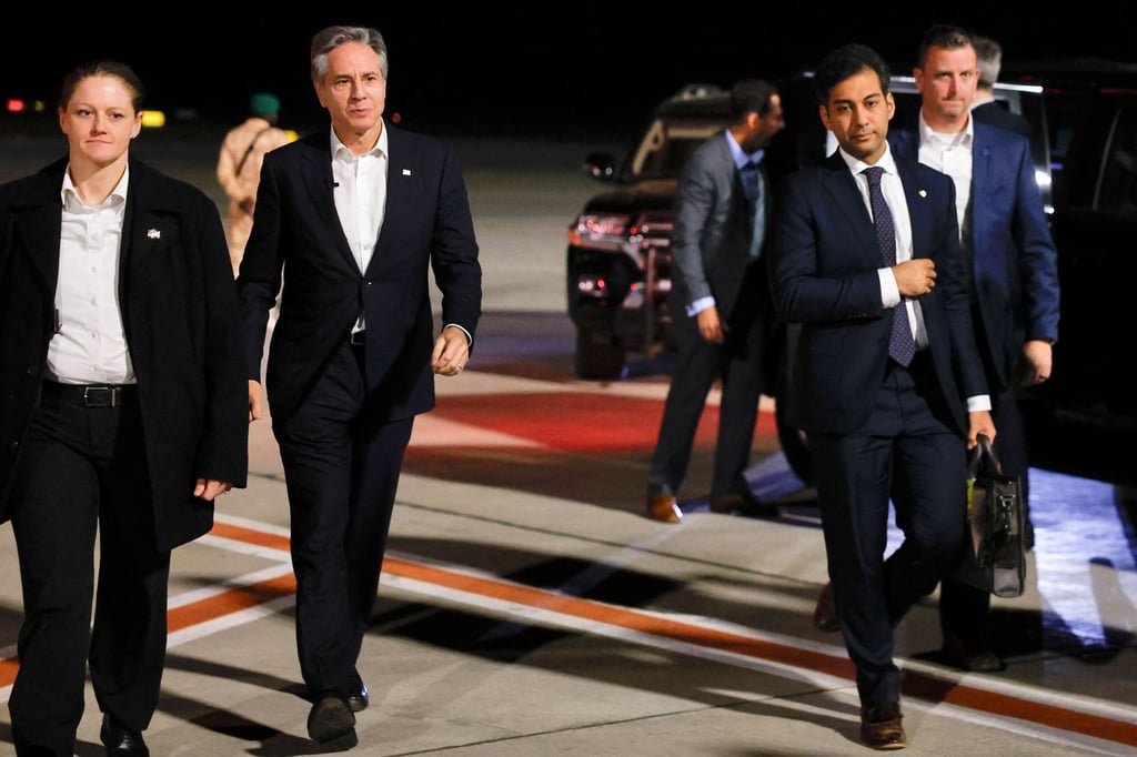 US Secretary of State Antony Blinken at Al Ula airport in Saudi Arabia as he departs for Tel Aviv, Israel on Monday. Photo: AFP US Secretary of State Antony Blinken at Al Ula airport in Saudi Arabia as he departs for Tel Aviv, Israel on Monday. Photo: AFP