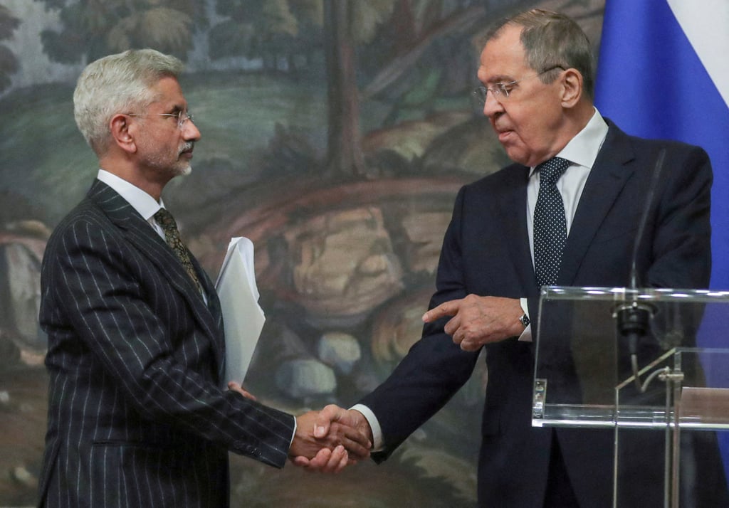 Russian Foreign Minister Sergey Lavrov and his Indian counterpart S. Jaishankar shake hands at news conference following talks in Moscow, Russia on November 8, 2022. New Delhi and Moscow have ties dating back to the Cold War. Photo: Pool via Reuters Russian Foreign Minister Sergey Lavrov and his Indian counterpart S. Jaishankar shake hands at news conference following talks in Moscow, Russia on November 8, 2022. New Delhi and Moscow have ties dating back to the Cold War. Photo: Pool via Reuters