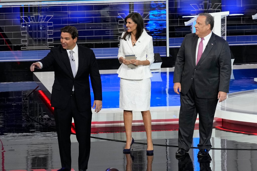 Republican presidential candidates (from left) Ron DeSantis, Nikki Haley and Chris Christie are seen on stage after a Republican presidential primary debate in Miami in November. Photo: AP Republican presidential candidates (from left) Ron DeSantis, Nikki Haley and Chris Christie are seen on stage after a Republican presidential primary debate in Miami in November. Photo: AP