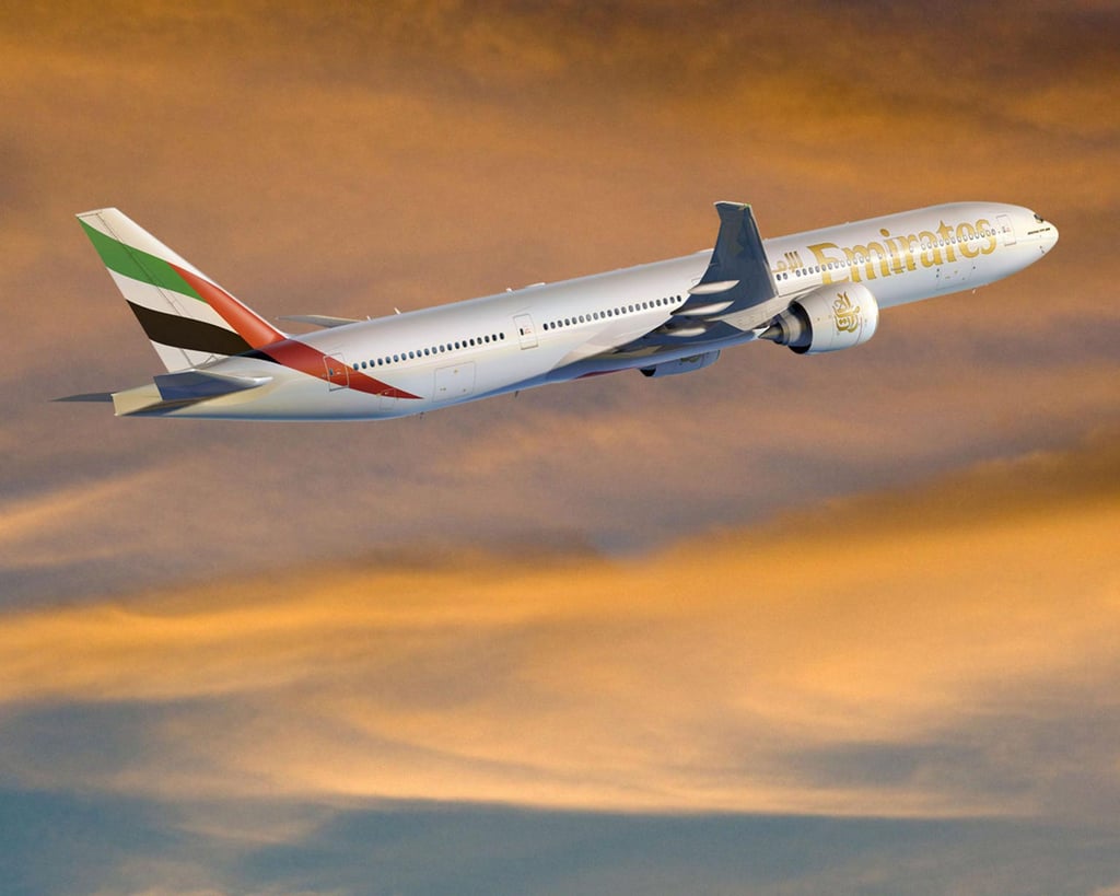 Emirates’ Boeing 777-300 ER aeroplane, Inge Theron’s carrier of choice. Photo: EPA Emirates’ Boeing 777-300 ER aeroplane, Inge Theron’s carrier of choice. Photo: EPA