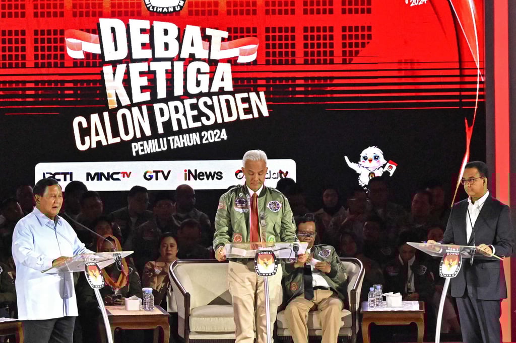 From left: Prabowo Subianto, Ganjar Pranowo and Anies Baswedan at the third Indonesian presidential debate for the 2024 election on January 7. Photo: AFP From left: Prabowo Subianto, Ganjar Pranowo and Anies Baswedan at the third Indonesian presidential debate for the 2024 election on January 7. Photo: AFP