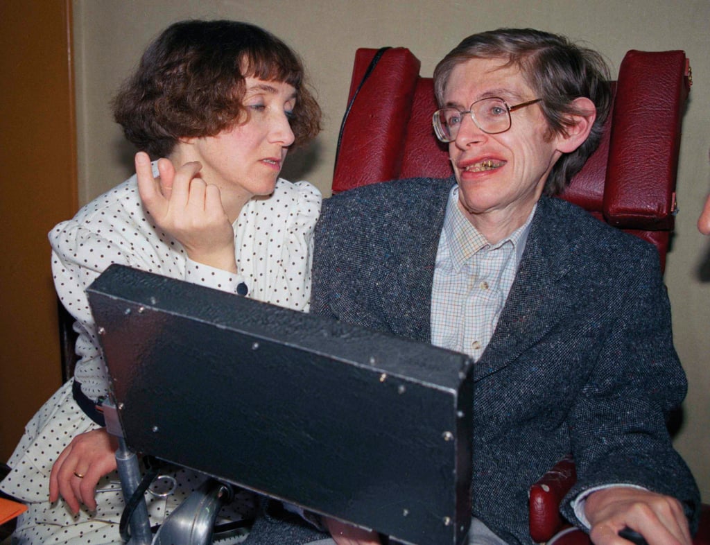 British astrophysicist Dr Stephen Hawking answers newsmen with the help of his computer and the assistance of his then wife Jane, in Paris, in 1989. Photo: AP Photo British astrophysicist Dr Stephen Hawking answers newsmen with the help of his computer and the assistance of his then wife Jane, in Paris, in 1989. Photo: AP Photo