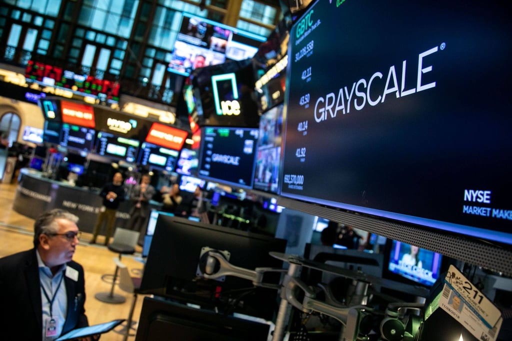 The Grayscale Bitcoin Trust ETF signage on the floor of the New York Stock Exchange. Photo: Bloomberg The Grayscale Bitcoin Trust ETF signage on the floor of the New York Stock Exchange. Photo: Bloomberg