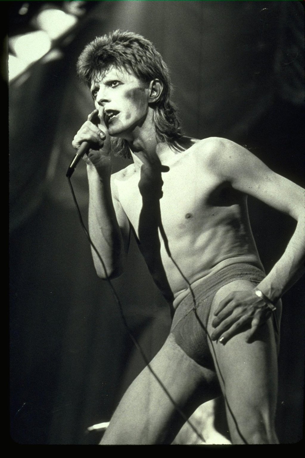A portrait of David Bowie singing into a microphone, while wearing a jockstrap on a stage during a concert in 1973. Photo: Handout