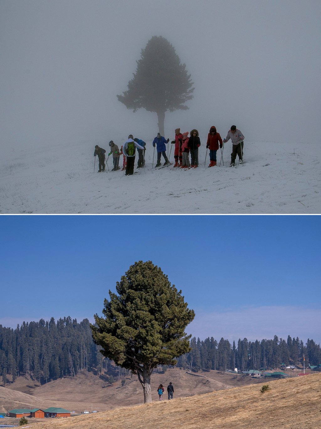 Kashmiri schoolgirls on a snow-covered slope in Gulmarg on January 2, 2022, top, and a couple on the same slope on January 13, 2024. Photo: AP Kashmiri schoolgirls on a snow-covered slope in Gulmarg on January 2, 2022, top, and a couple on the same slope on January 13, 2024. Photo: AP