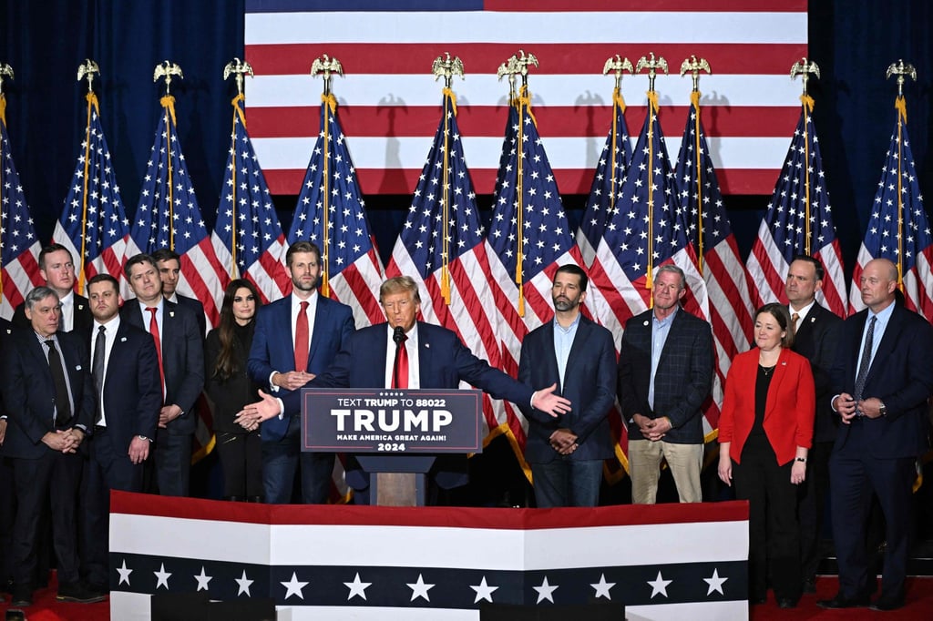 Donald Trump speaking at his caucus night watch party in Des Moines, Iowa. Photo: AFP