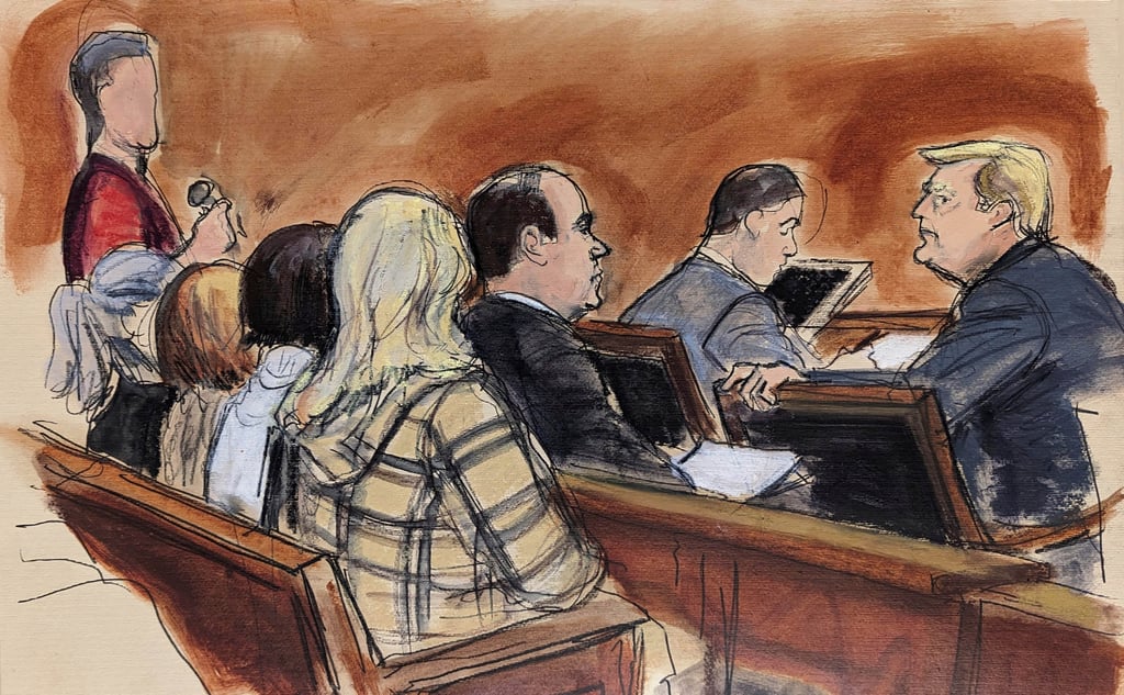 Former US president Donald Trump (right) turns to look at an anonymous prospective juror in New York on Tuesday. Courtroom sketch: Elizabeth Williams via AP