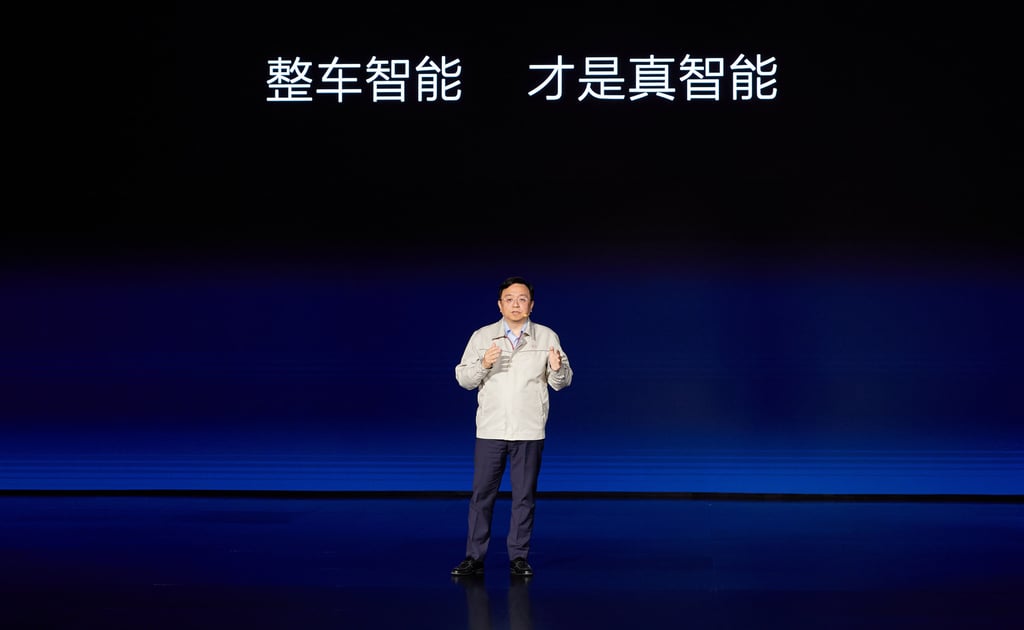BYD CEO Wang Chuanfu at the launch of its smart car system Xuanji at its Dream Day event in Shenzhen on Tuesday. Photo: Handout