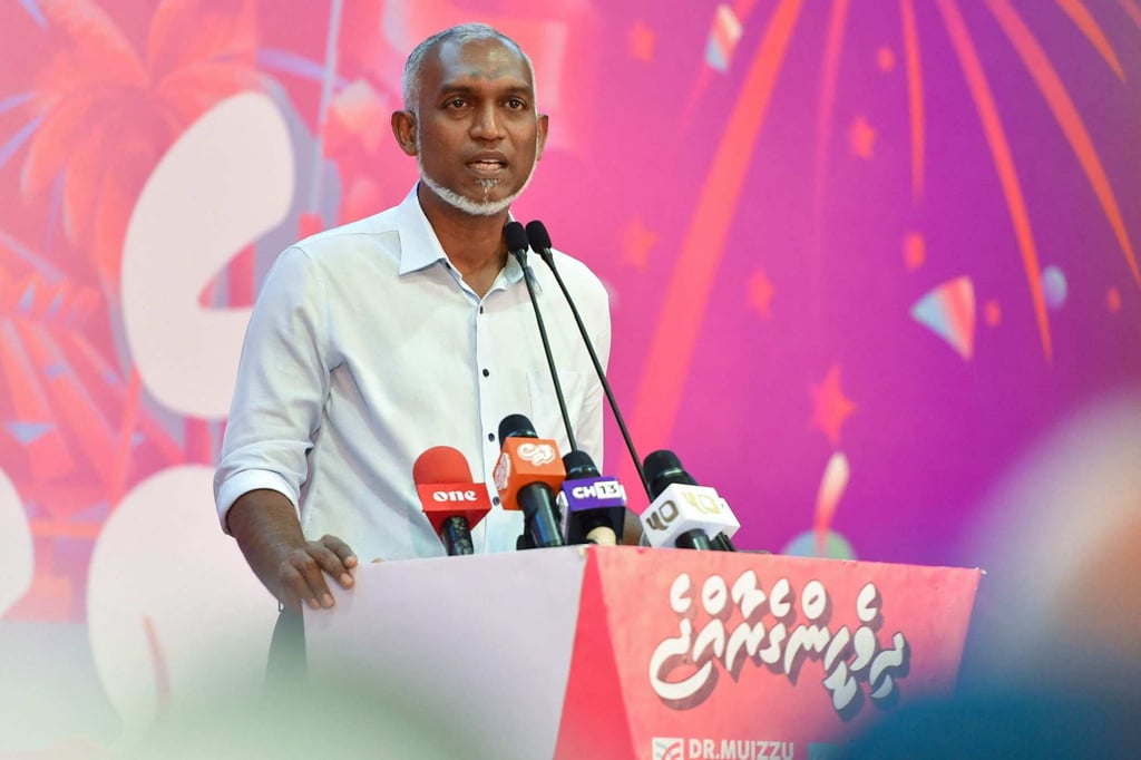 Maldives’ President-elect Mohamed Muizzu speaks to supporters following the country’s presidential election, in Male on October 2. Muizzu had campaigned on the election plank of altering the nation’s “India First” policy. Photo: AFP