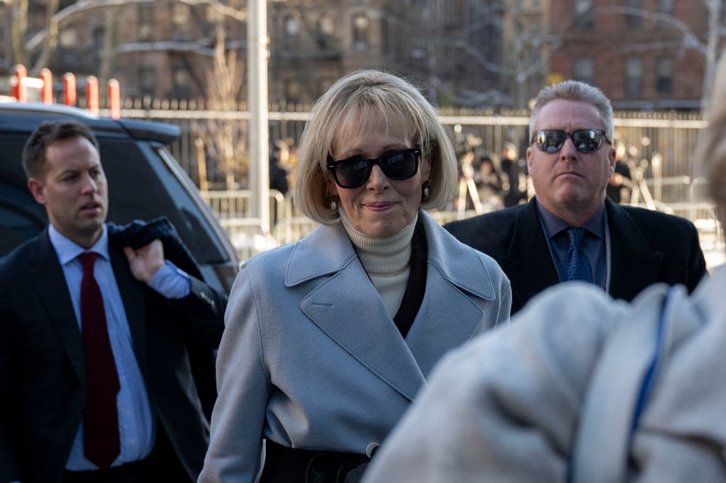 Former magazine columnist E. Jean Carroll arrives at Manhattan federal court on Wednesday. Photo: AFP