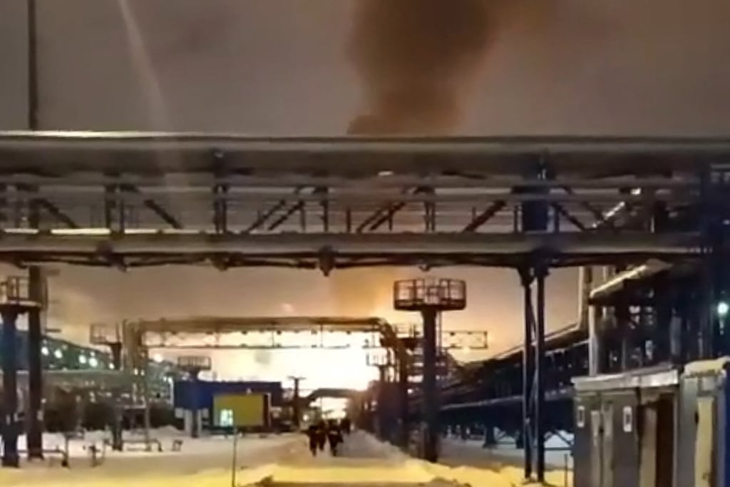 Smoke rises above a natural gas terminal in the Russian Baltic Sea port of Ust-Luga. Photo: AFP/Telegram account @drozdenko_au_lo Smoke rises above a natural gas terminal in the Russian Baltic Sea port of Ust-Luga. Photo: AFP/Telegram account @drozdenko_au_lo