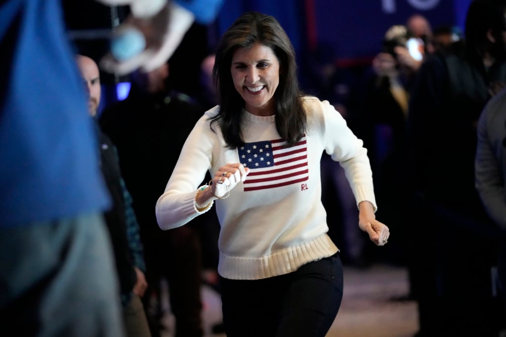 Republican presidential candidate and former United Nations Ambassador Nikki Haley runs to the stage at a rally in Nashua, New Hampshire, on Saturday. Photo: AP Republican presidential candidate and former United Nations Ambassador Nikki Haley runs to the stage at a rally in Nashua, New Hampshire, on Saturday. Photo: AP
