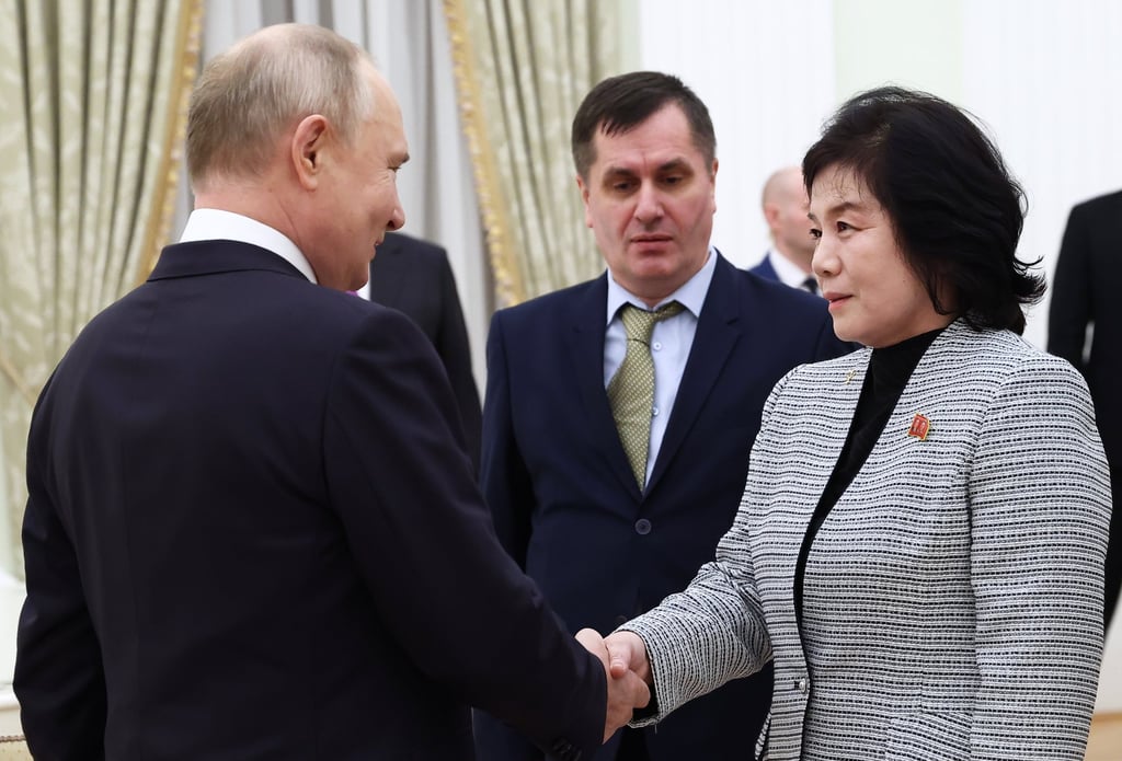 Russian President Vladimir Putin welcomes North Korean Foreign Minister Choe Son-Hui during their meeting at the Kremlin earlier this week. Photo: EPA Russian President Vladimir Putin welcomes North Korean Foreign Minister Choe Son-Hui during their meeting at the Kremlin earlier this week. Photo: EPA