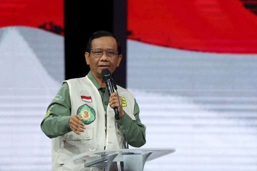 Vice-presidential candidate Mohammad Mahfud during a televised debate at the Jakarta Convention Centre in Indonesia on Sunday. Photo: Reuters
