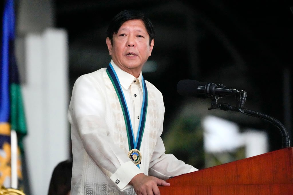 Philippines’ President Ferdinand Marcos Jnr delivers a speech at Camp Aguinaldo military headquarters in Quezon City, Philippines on December 21, 2023. Photo: AP Philippines’ President Ferdinand Marcos Jnr delivers a speech at Camp Aguinaldo military headquarters in Quezon City, Philippines on December 21, 2023. Photo: AP