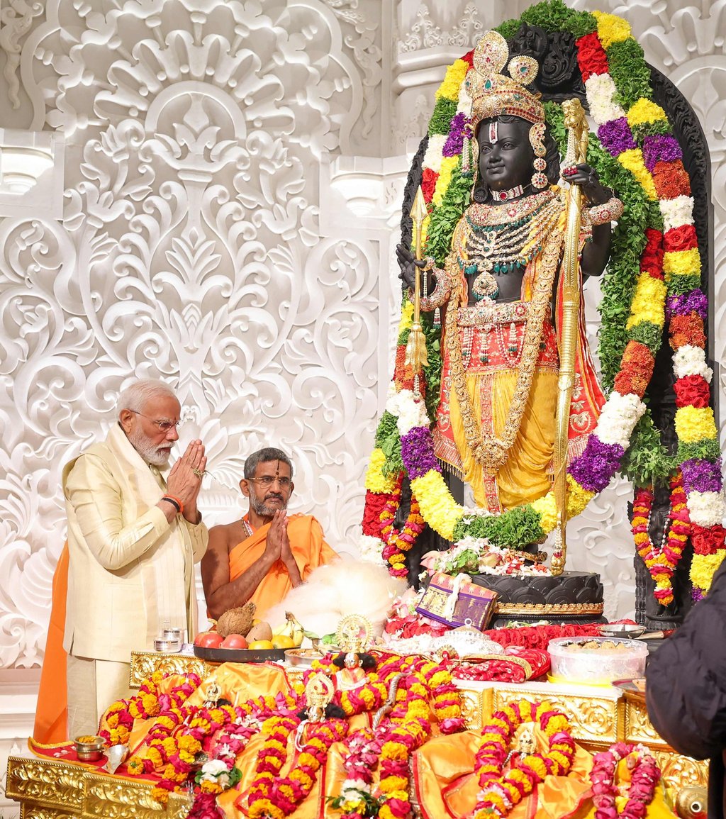 India’s Prime Minister Narendra Modi prays at the Ram Temple in Ayodhya in India’s Uttar Pradesh state on Monday. Photo: AFP/Indian Press Information Bureau
