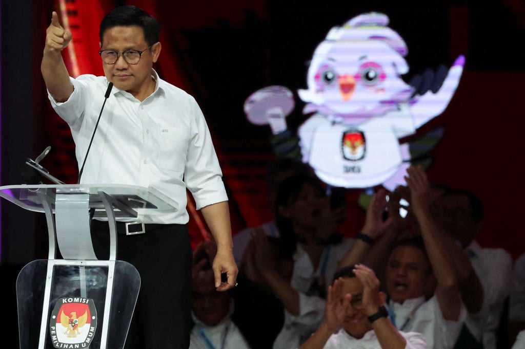 Vice-presidential candidate and chairman of National Awakening Party Muhaimin Iskandar during a televised debate at the Jakarta Convention Centre in Indonesia on Sunday. Photo: Reuters