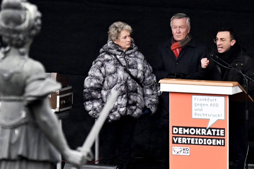 Former Frankfurt mayors Petra Roth, left, and Andreas von Schoeler, centre, with current mayor Mike Josef at a protest against racism in Frankfurt, Germany on Sunday. Photo: AFP Former Frankfurt mayors Petra Roth, left, and Andreas von Schoeler, centre, with current mayor Mike Josef at a protest against racism in Frankfurt, Germany on Sunday. Photo: AFP