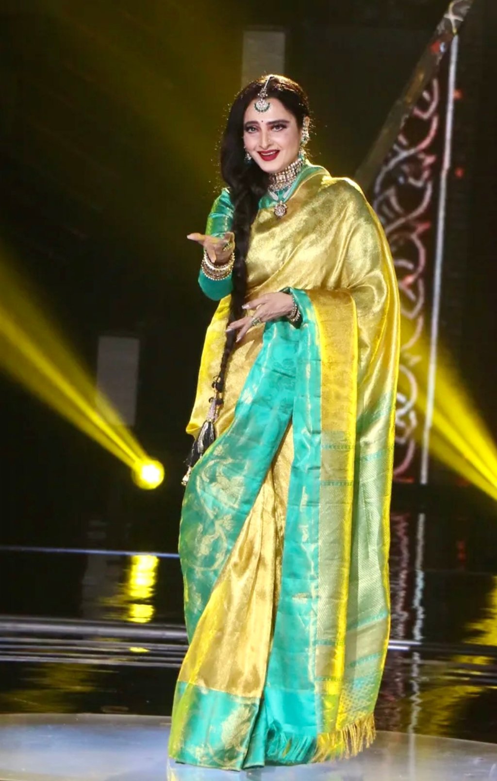 Indian actress Rekha, who ruled Bollywood in the 70s and 80s, in a pure-silk Kanjeevaram sari. Photo: Viral Bhayani