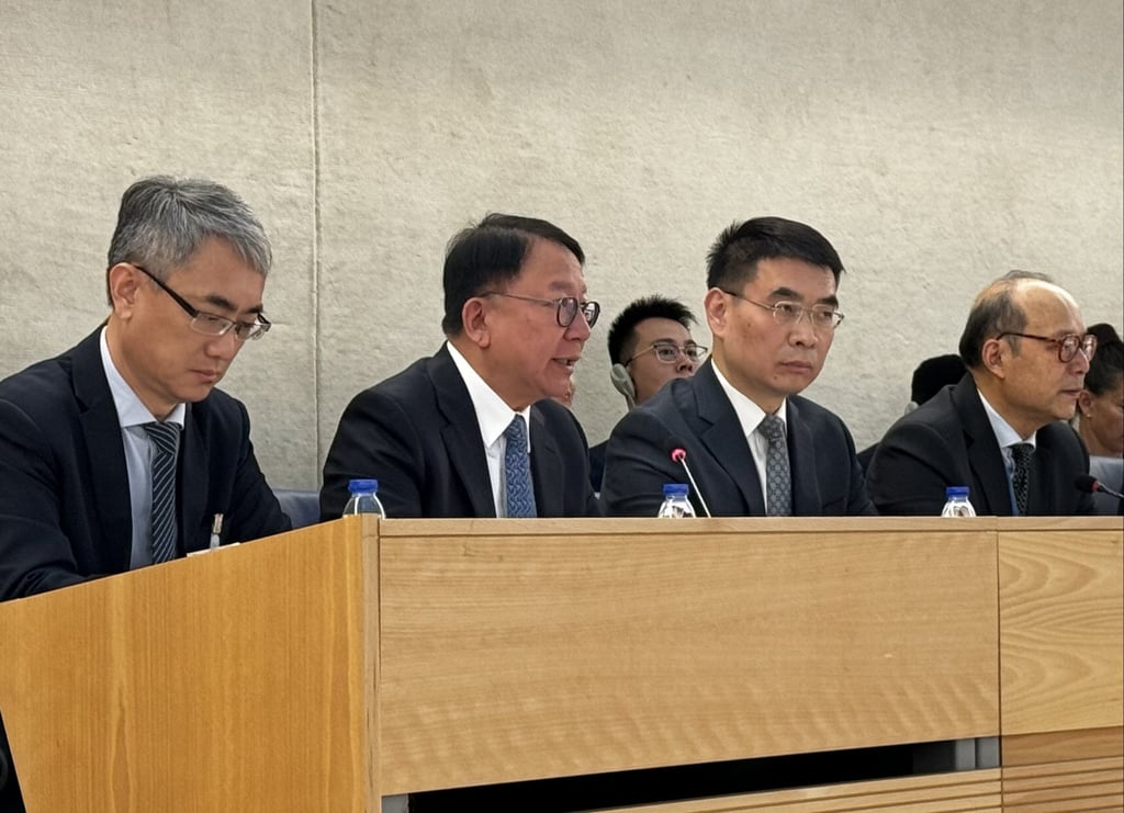(Second left) Chief Secretary Eric Chan, the city’s No 2 official, at the periodic review working group of the UN’s Human Rights Council in Geneva. Photo: Handout